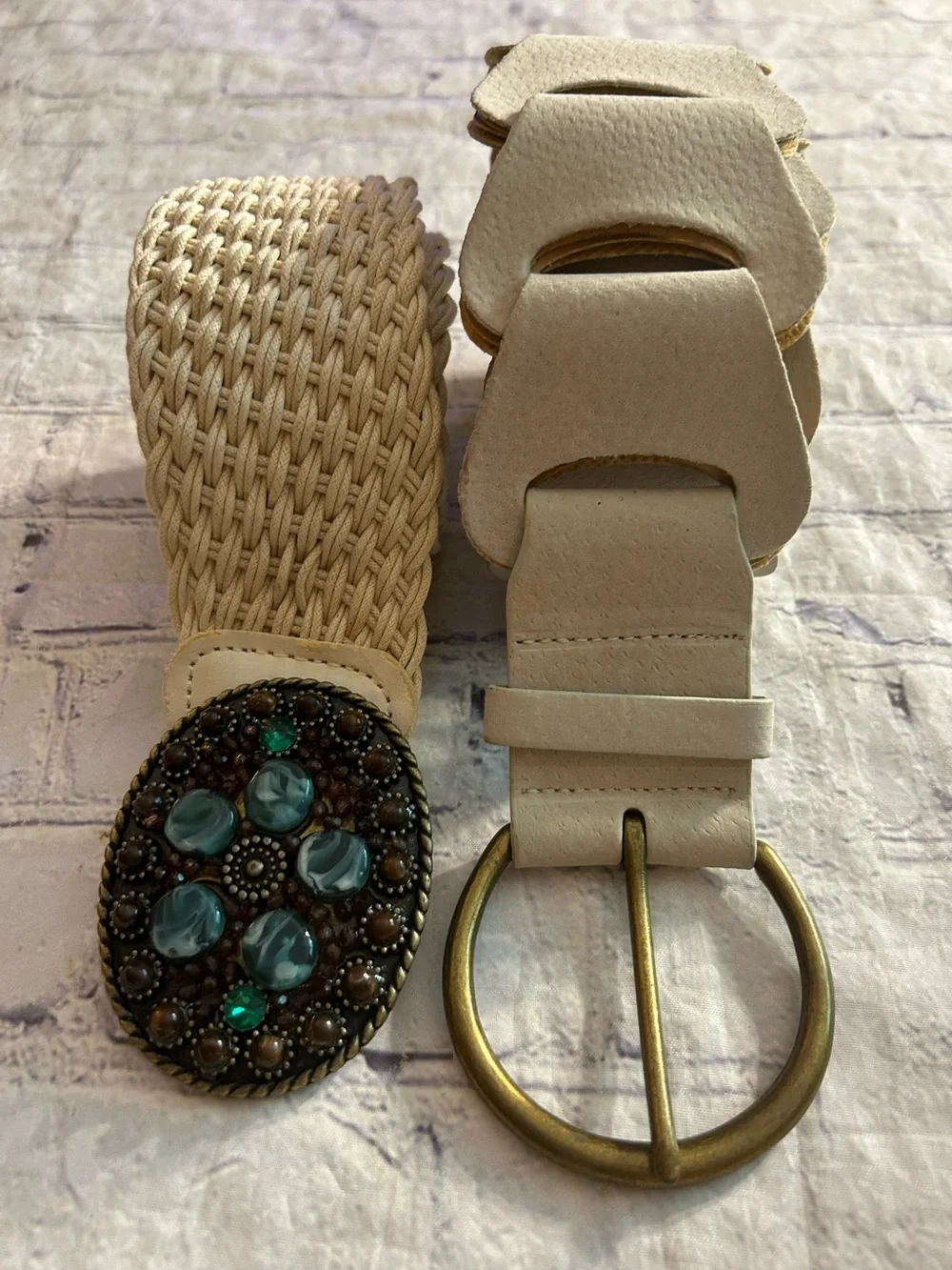 GENUINE LEATHER WITH FAUX BACK CHUNKY BEIGE WIDE AND JEWEL BUCKLE WOVEN BELTS
